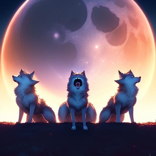 three cute kawaii wolves howling at a moon, photorealistic, masterpiece fantasy art by artgerm and wlop and greg rutkowski